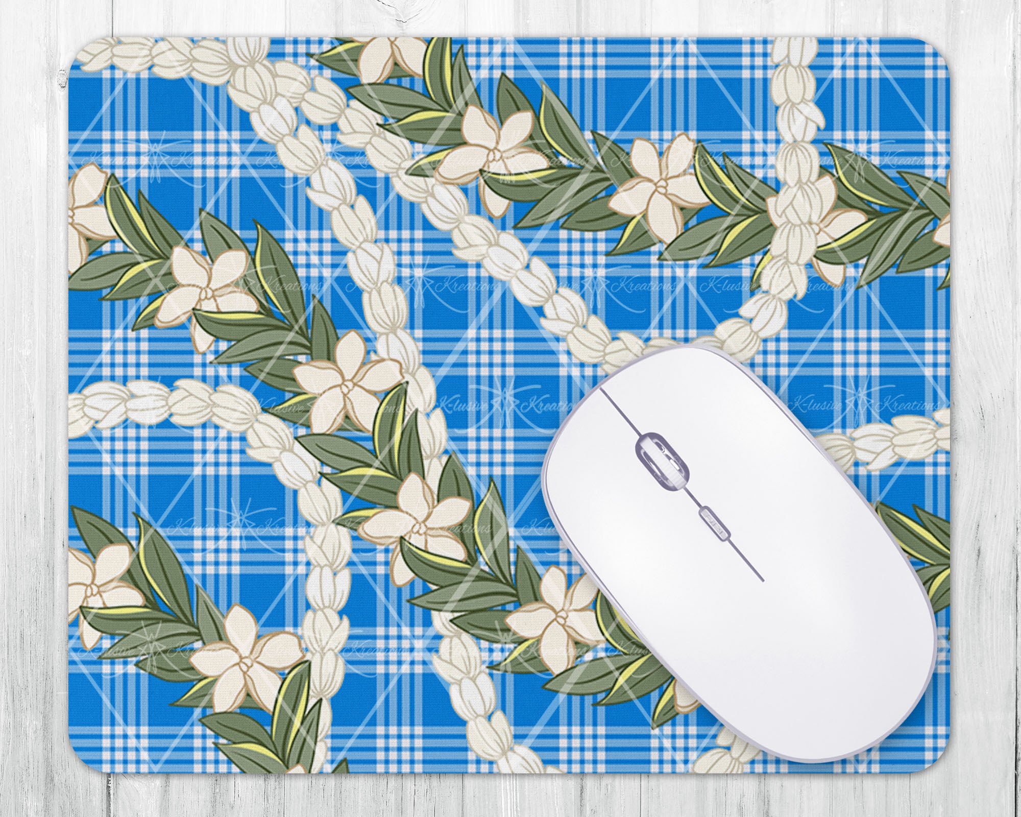 Mouse Pad • Blue Palaka with Pikake Maile Lei
