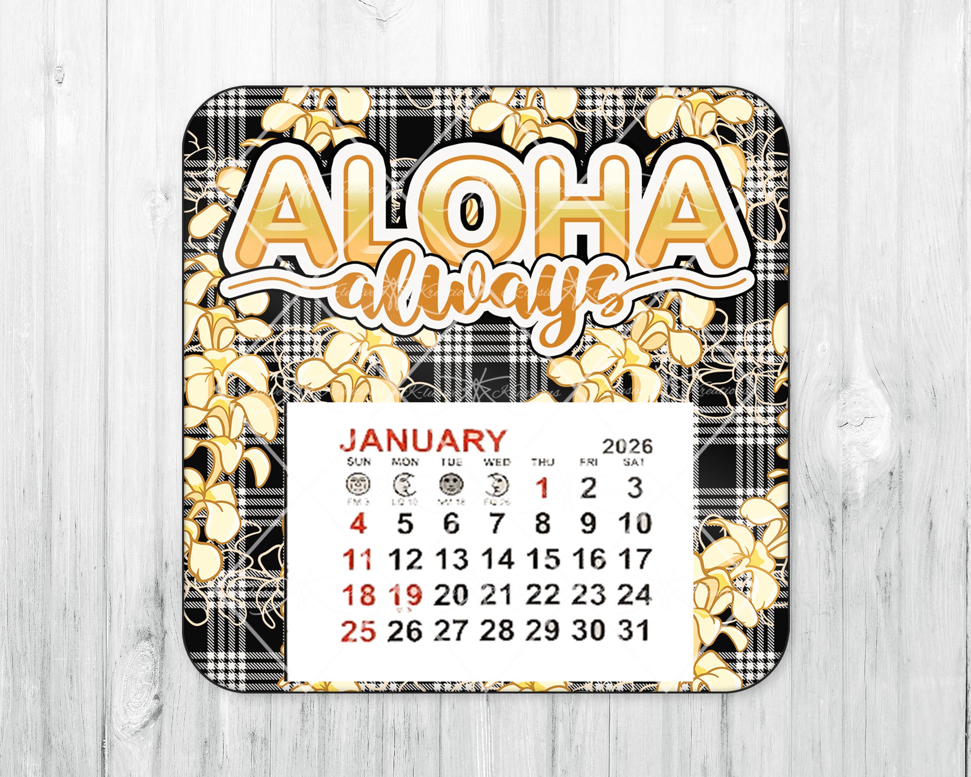 2026 Mini Magnetic Calendar • Black Palaka • Plumeria • Aloha Always