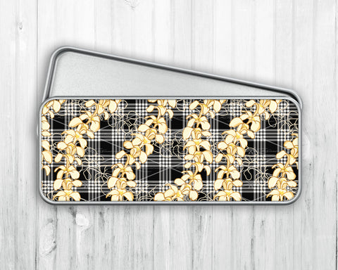 Pencil/Pen Tin Case • Black Palaka • Plumeria