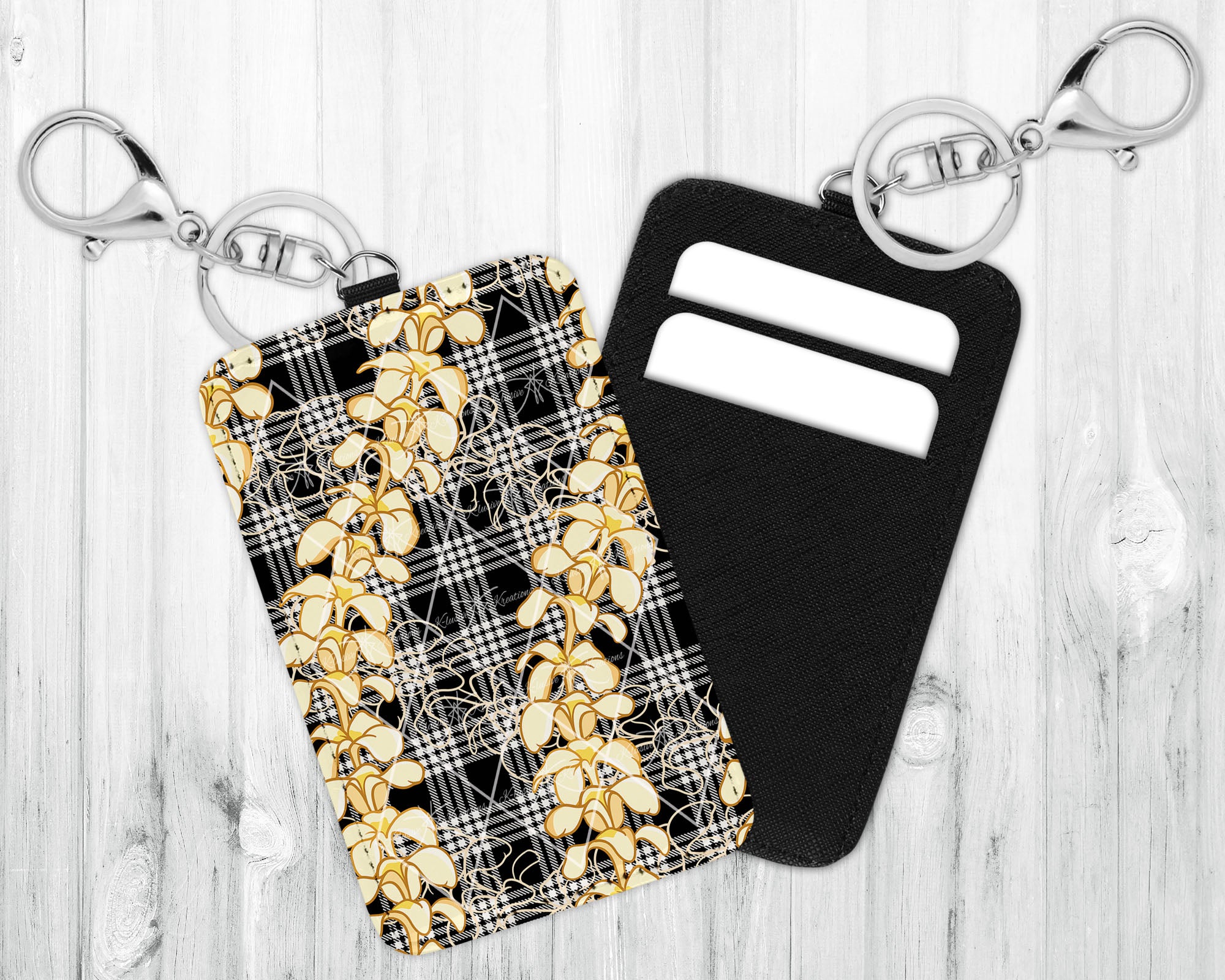 ID/Card Holder Keychain • Black Palaka • Plumeria
