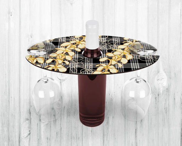 Wine Caddy & Coaster Set • Gift • Black Palaka • Plumeria