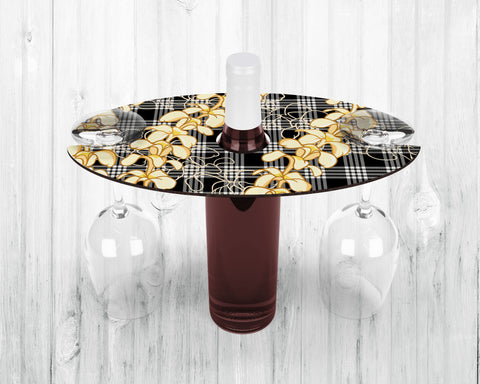 Wine Caddy & Coaster Set • Gift • Black Palaka • Plumeria