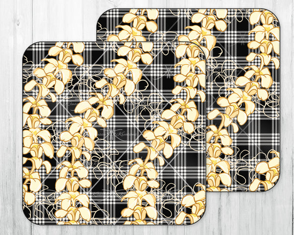 Wine Caddy & Coaster Set • Gift • Black Palaka • Plumeria