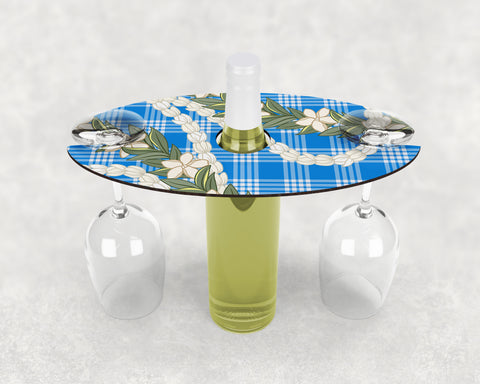 Wine Caddy & Coaster Set • Gift • Blue Palaka • Pikake Maile