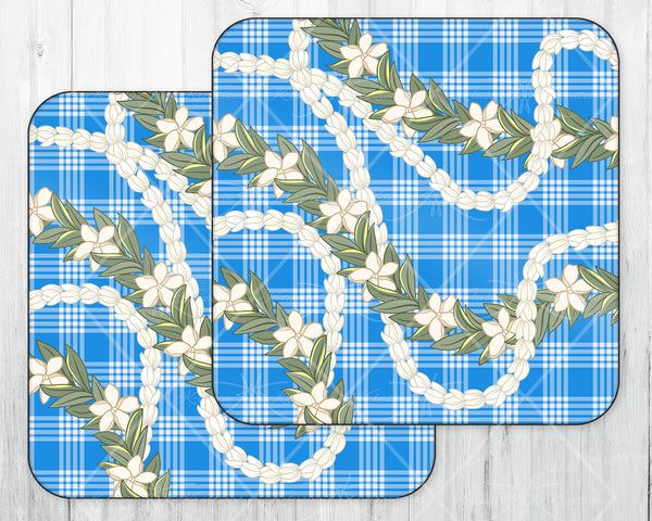 Wine Caddy & Coaster Set • Gift • Blue Palaka • Pikake Maile