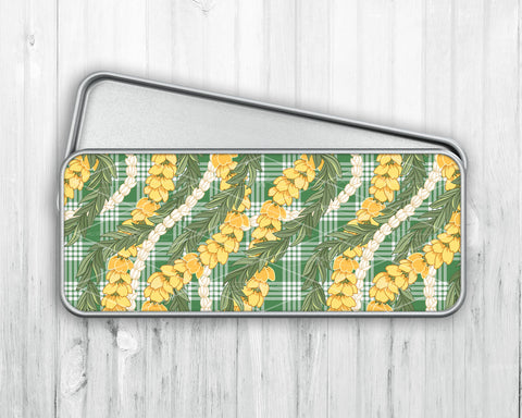 Pencil/Pen Tin Case • Green Palaka • Ilima Pikake Maile