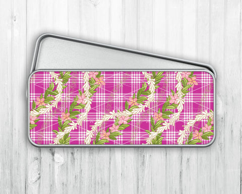 Pencil/Pen Tin Case • Dark Pink Palaka • Plumeria Tuberose Maile