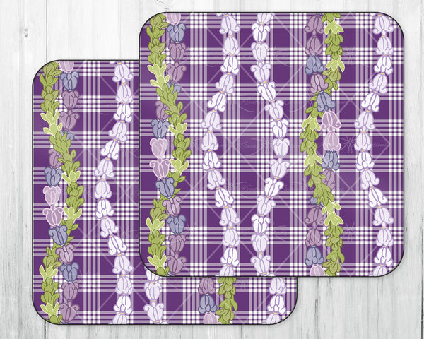 Wine Caddy & Coaster Set • Gift • Dark Purple Palaka • Crown Flower Pakalana