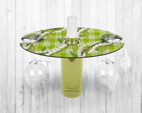 Wine Caddy & Coaster Set • Gift • Lime Green Palaka • White Crown Flower Ti Leaf