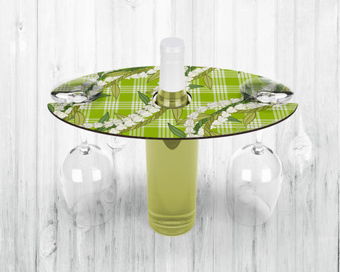 Wine Caddy & Coaster Set • Gift • Lime Green Palaka • White Crown Flower Ti Leaf