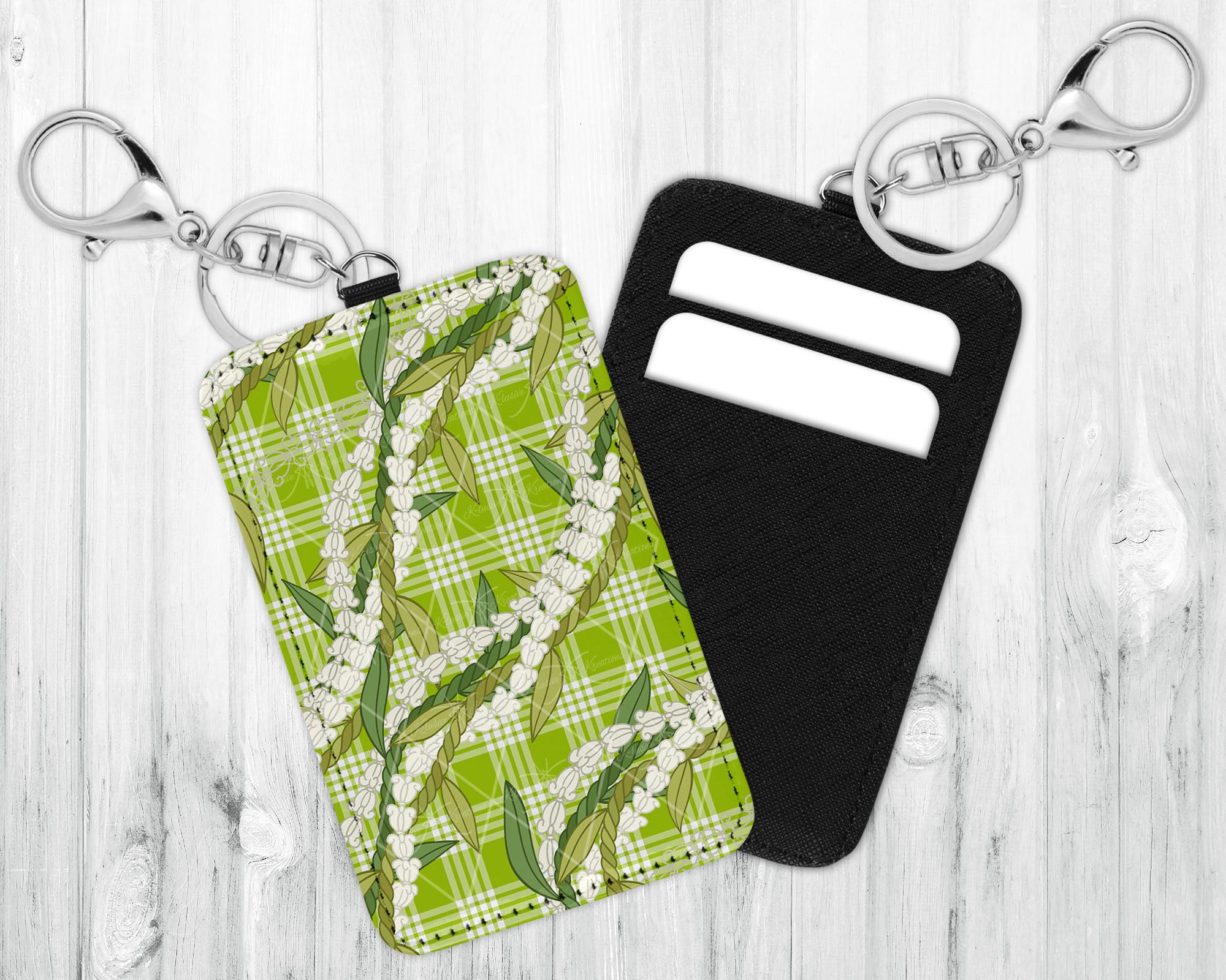 ID/Card Holder Keychain • Lime Green Palaka • White Crown Flower Ti Leaf