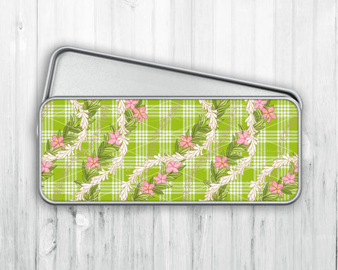 Pencil/Pen Tin Case • Lime Green Palaka • Plumeria Tuberose Maile