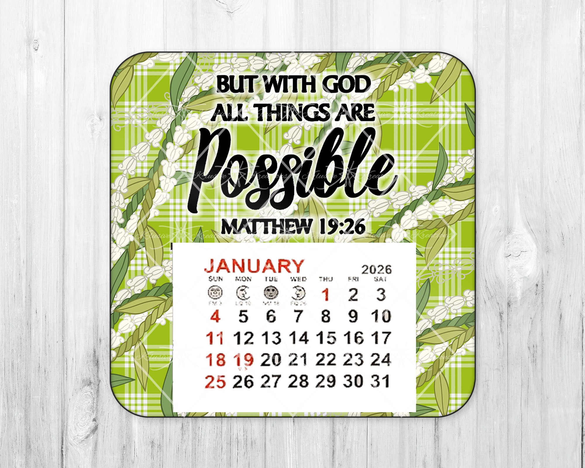 2026 Mini Magnetic Calendar • Lime Green Palaka • White Crown Flower Ti Leaf • With God...