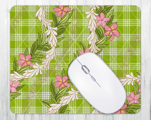 Mouse Pad • Lime Green Palaka with Plumeria Pikake Maile Lei