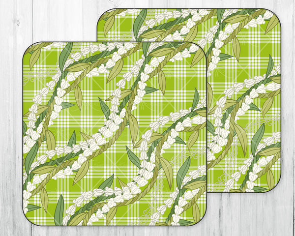 Wine Caddy & Coaster Set • Gift • Lime Green Palaka • White Crown Flower Ti Leaf