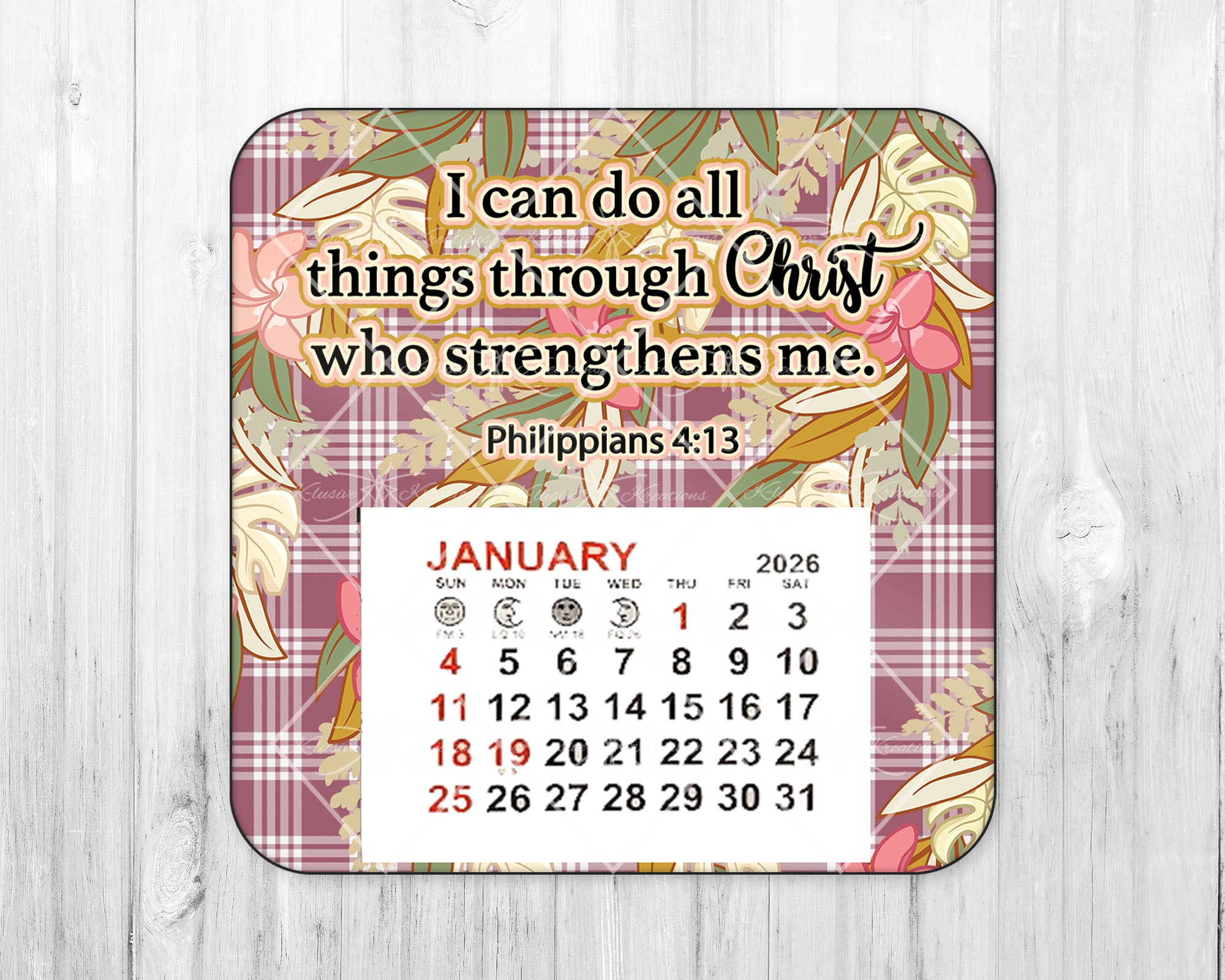 2026 Mini Magnetic Calendar • Maroon Palaka • Tropical Flowers