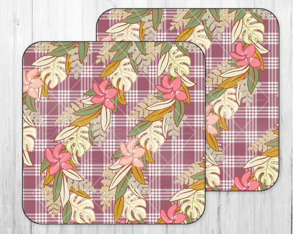 Wine Caddy & Coaster Set • Gift • Maroon Palaka • Tropical Flowers