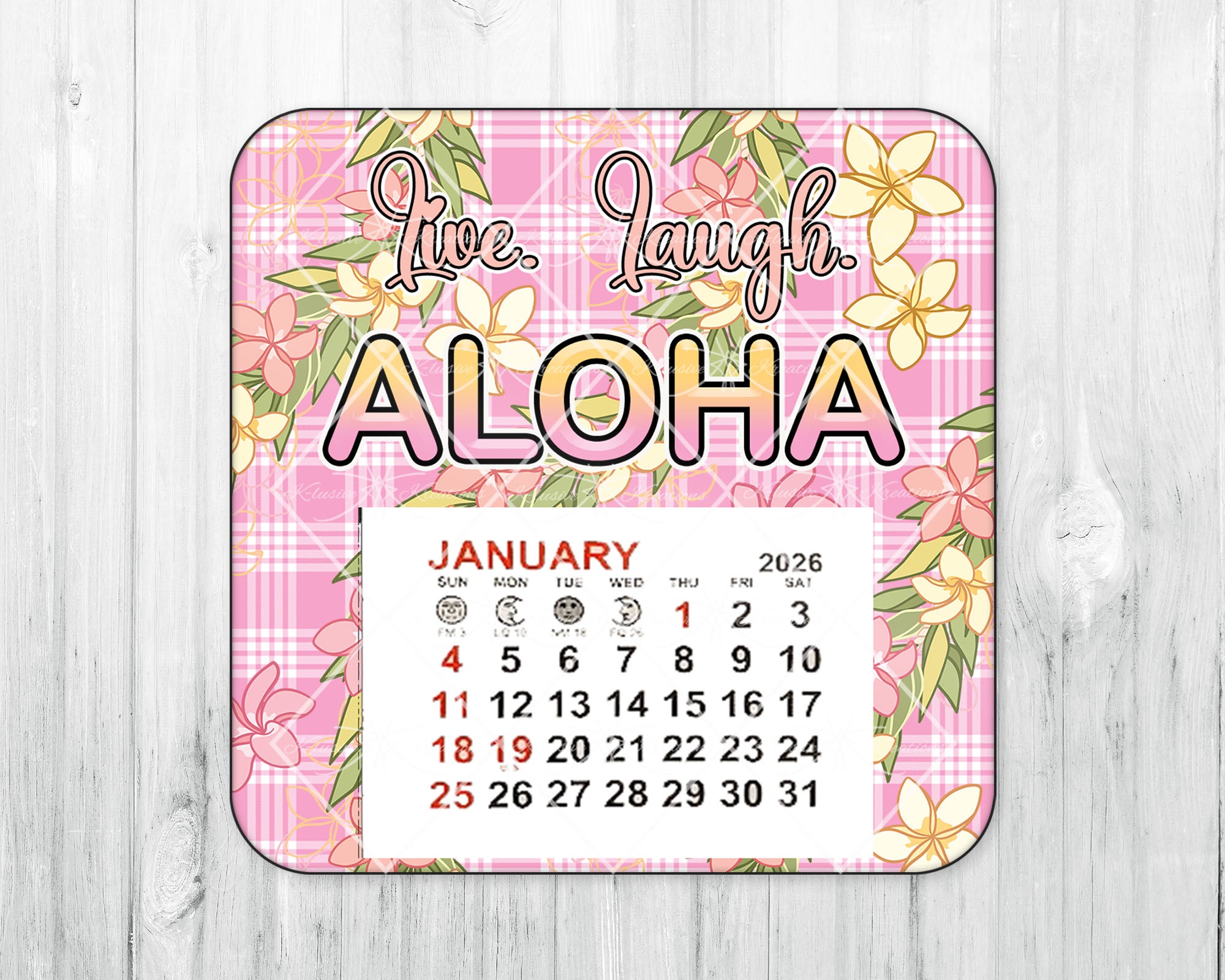 2026 Mini Magnetic Calendar • Pink Palaka • Plumeria Maile • Live Laugh Aloha