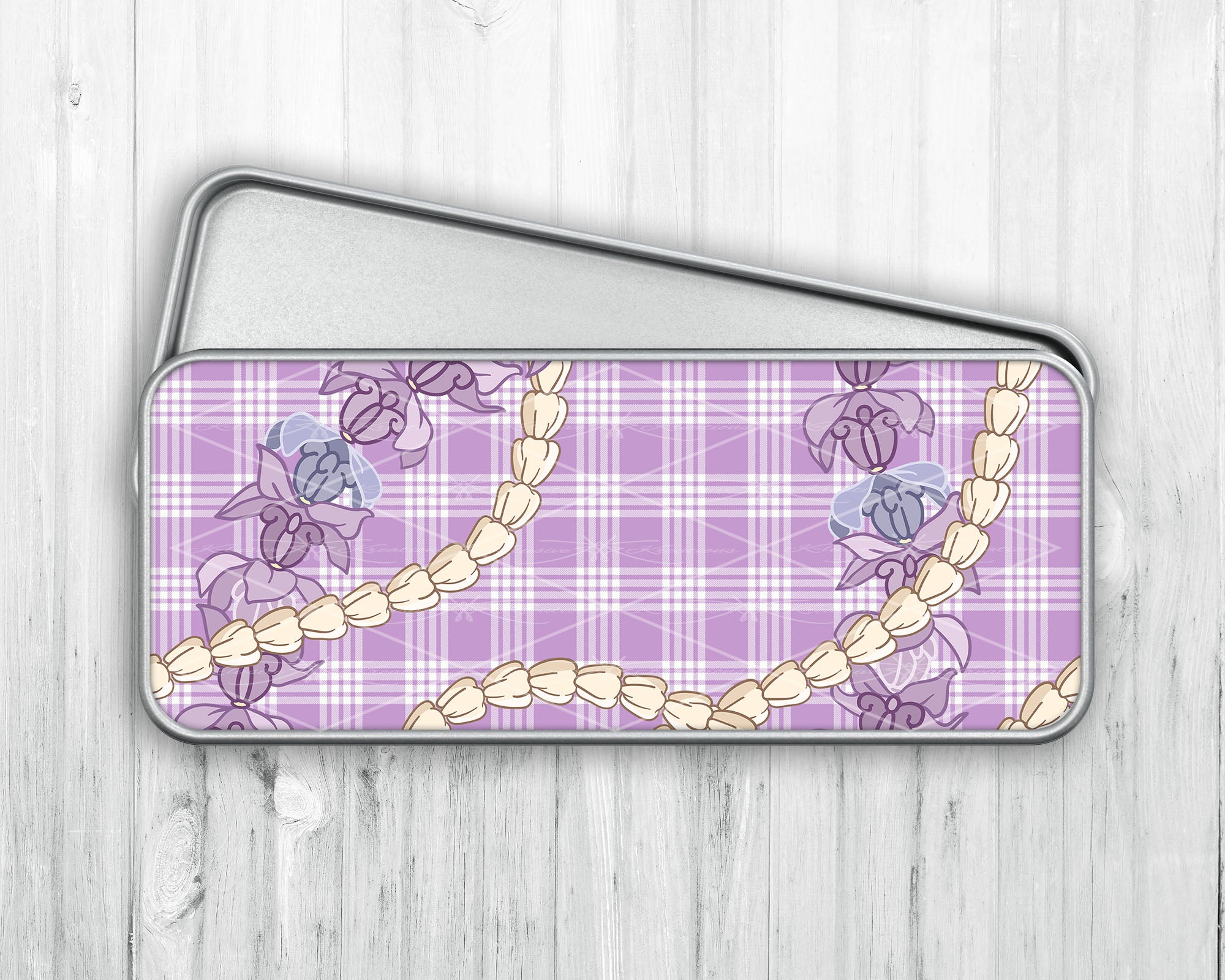 Pencil/Pen Tin Case • Light Purple Palaka • Crown Flower Lei