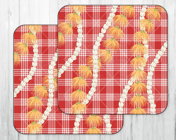 Wine Caddy & Coaster Set • Gift • Red Palaka • Yellow Ohio Pikake