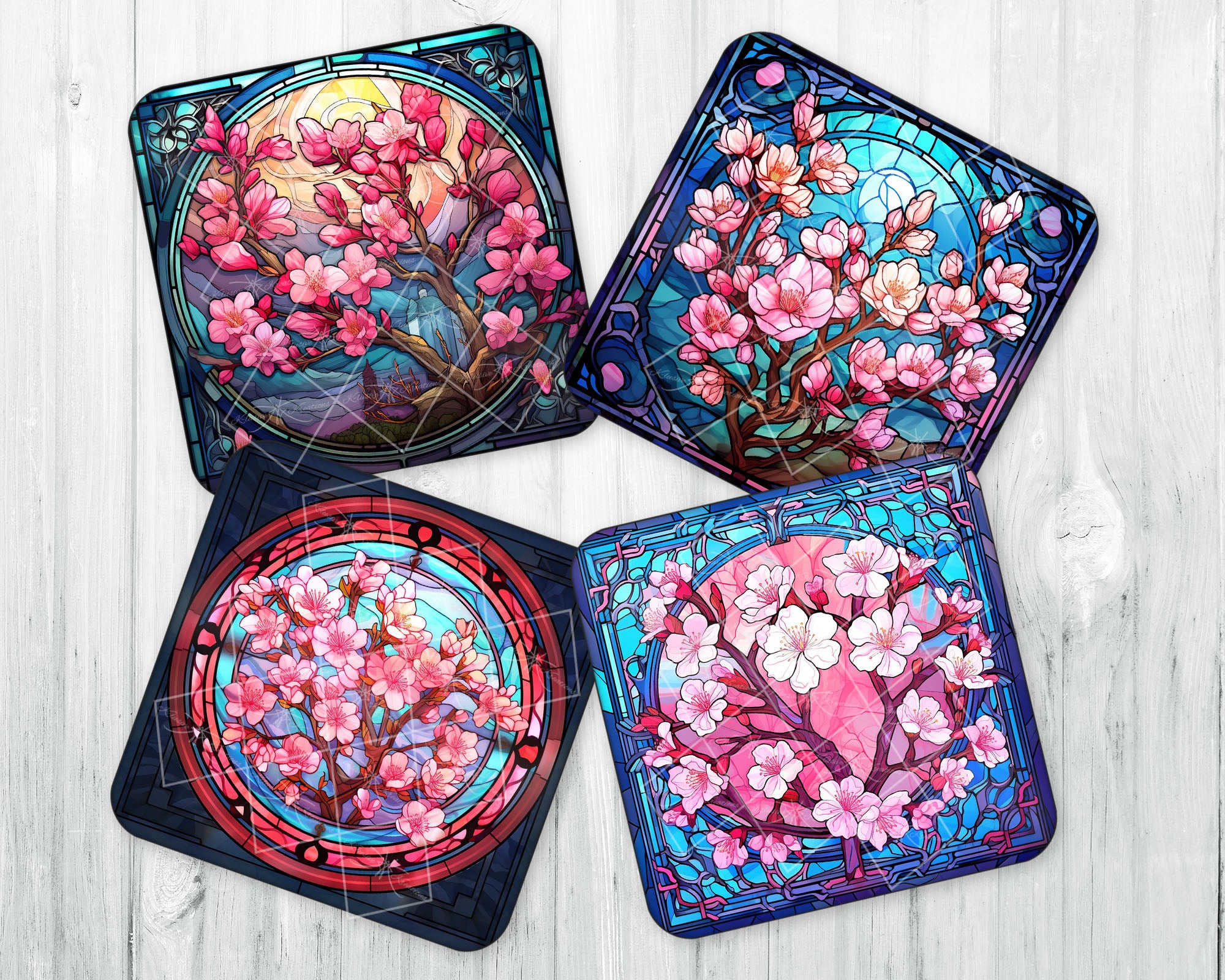Drink Coaster Set • Stained Glass Cherry Blossoms • Set of 4