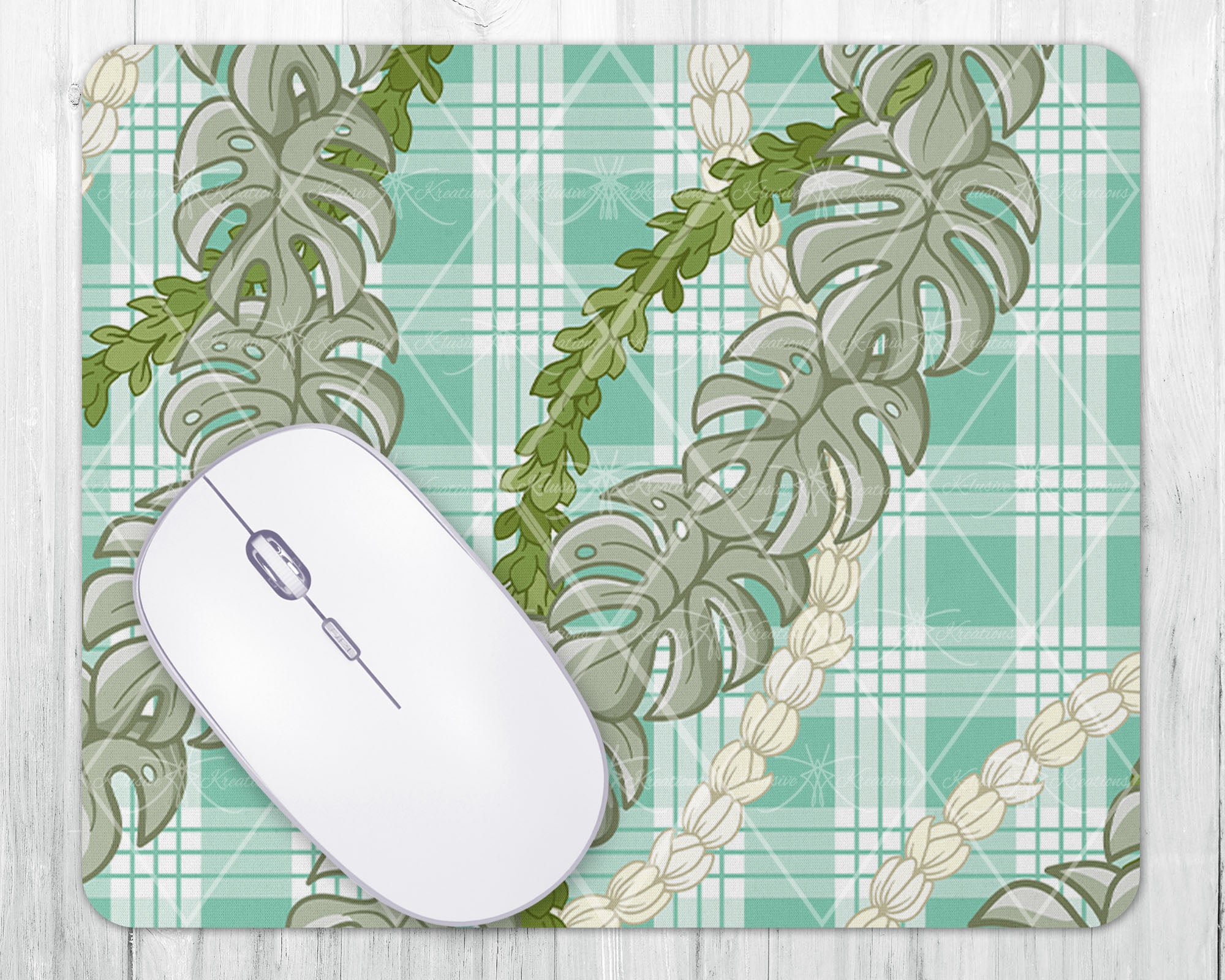 Mouse Pad • Tiffany Blue Palaka with Pikake Pakalana Monstera